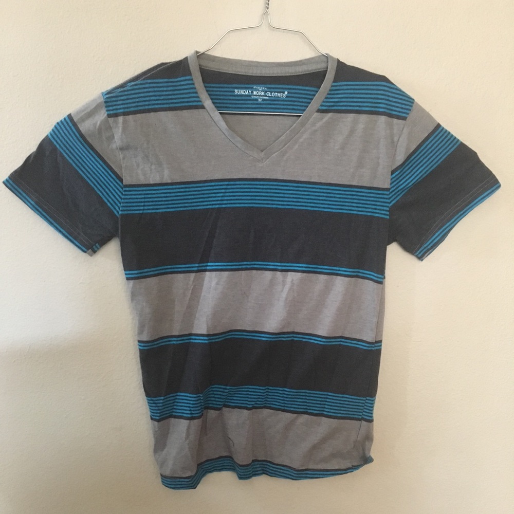 Gray Crew Neck with black bands and blue stripes